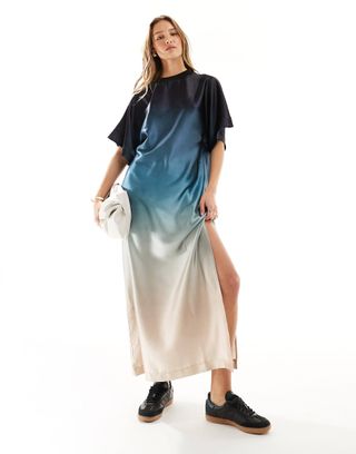 Asos Design Satin Oversized Midi T-Shirt Dress in Blue Ombre