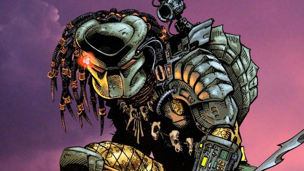 Image from the Predator comic. The Predator creature is honing his tri-red dot sight on a target. He is wearing hi-tech armor, a full-face helmet, and a string of skulls across his torso. 