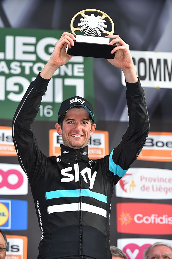 Wout Poels (Team Sky) hold up his trophy after winning Liege-Bastogne-Liege