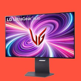 LG UltraGear 32GS95UE gaming monitor on a red background