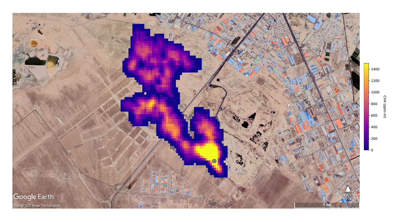 A methane plume at least 3 miles (4.8 kilometers) long rises into the atmosphere south of Tehran, Iran.  The plume, detected by NASA's Surface Mineral Dust Sources Research mission, comes from a major landfill, where methane is a byproduct of decay.