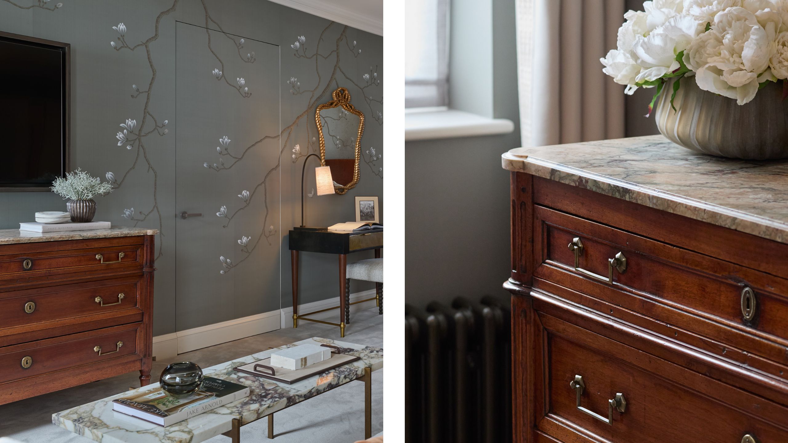 Two images, first image showing corner of bedroom with dark wooden chest, dark gray wallpaper with floral pattern, marble console table in foreground, second image showing close up of wooden chest