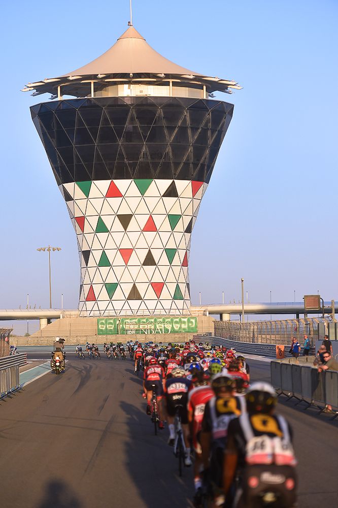 The Abu Dhabi peloton in action at the Yas Marina Formula One track.