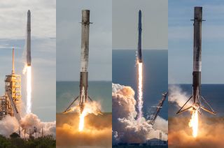 The SpaceX Falcon 9 rocket stage going on public display at Space Center Houston flew and landed twice: on the Dragon CRS-11 flight in June 2017 and on CRS-13 in December 2017.