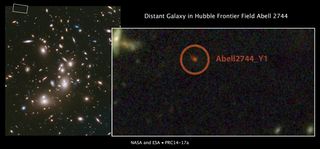 In this Hubble Space Telescope deep image of galaxy cluster Abell 2744, scientists spotted the galaxy Abell2744_Y1 (inset), one of the most distant galaxies in the universe.
