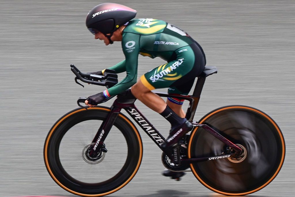South Africas Ashleigh MoolmanPasio competes in the womens cycling road individual time trial during the Tokyo 2020 Olympic Games at the Fuji International Speedway in Oyama Japan on July 28 2021 Photo by Ina FASSBENDER AFP Photo by INA FASSBENDERAFP via Getty Images