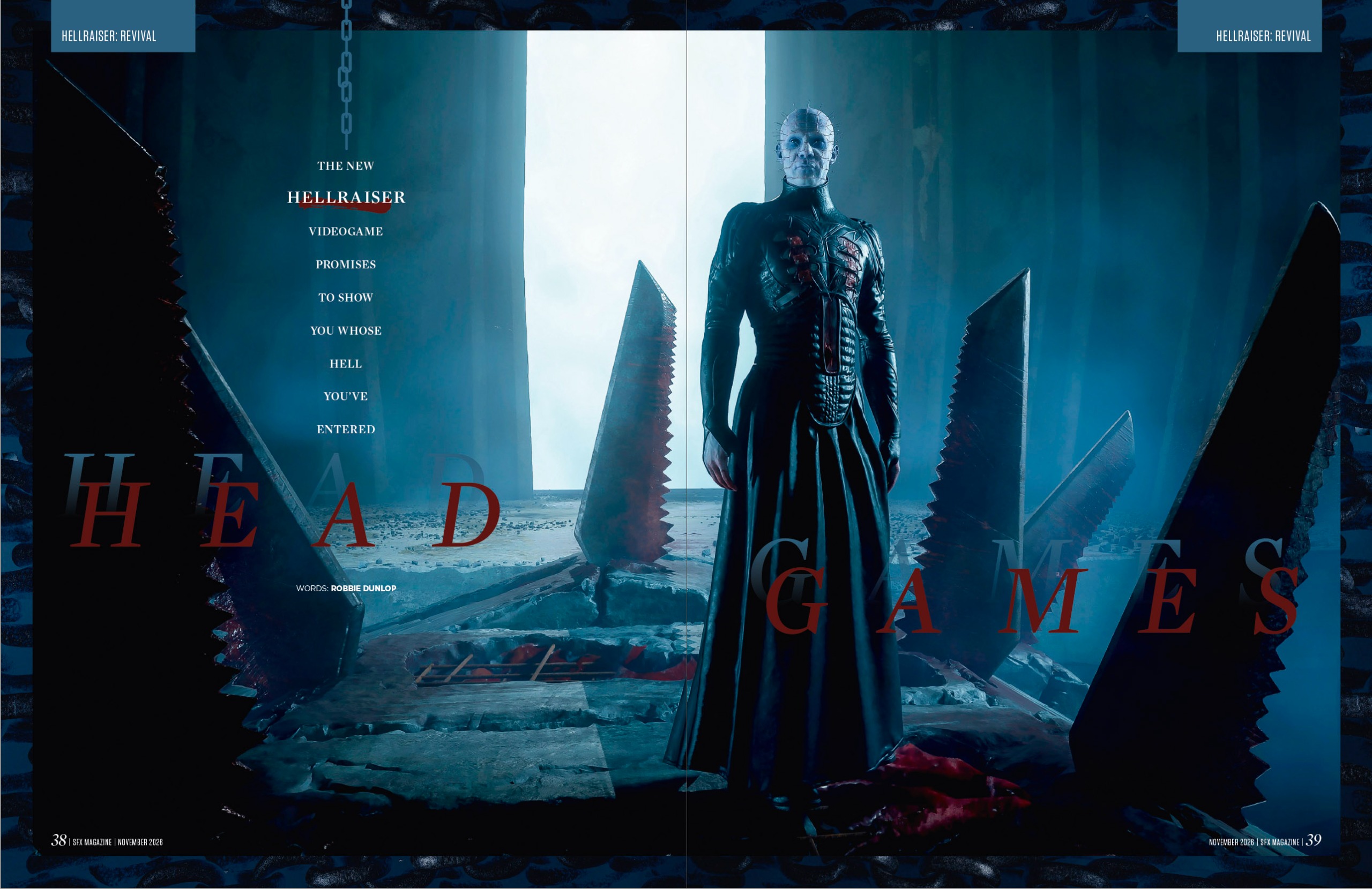 Cenobite leader Pinhead surrounded by giant saw-like shapes.