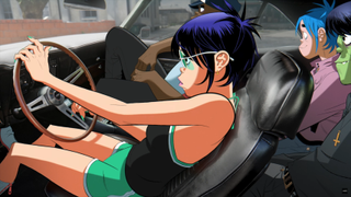 A still from the music video for The Valley of the Pagans ft. Beck by Gorillaz showing the fictional band in the interior of a Declasse Vigero car from Grand Theft Auto 5.
