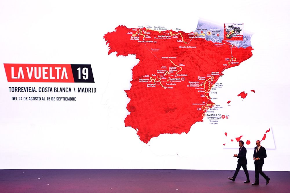 Perico Delgado Carlos de Andr&eacute;s walk on stage at the 2019 Vuelta route presentation