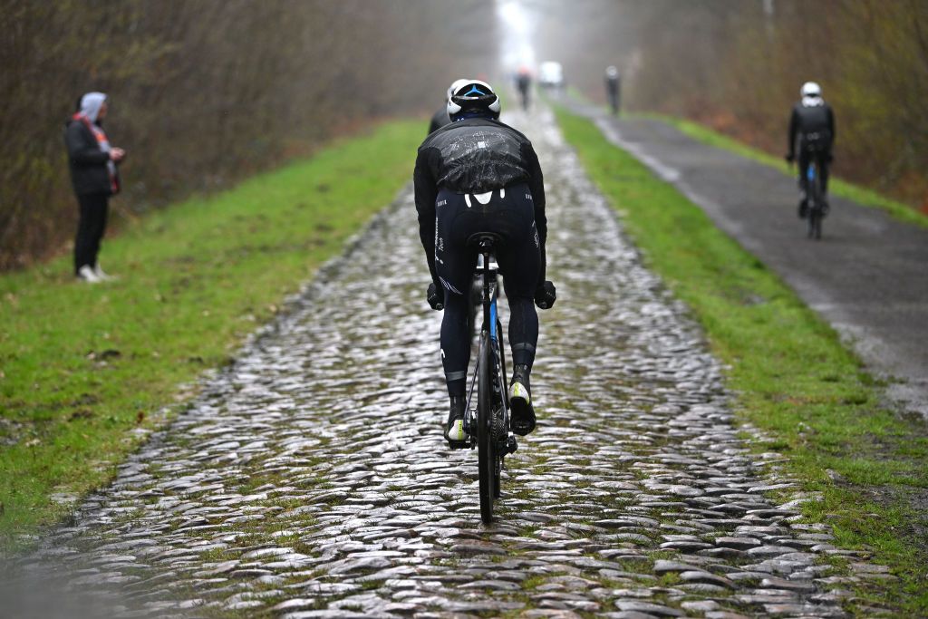 ROUBAIX FRANCE APRIL 06 Rider detail view of Movistar Team during the ParisRoubaix 2023 Training Day 1 UCIWT on April 06 2023 in Roubaix France Photo by Luc ClaessenGetty Images