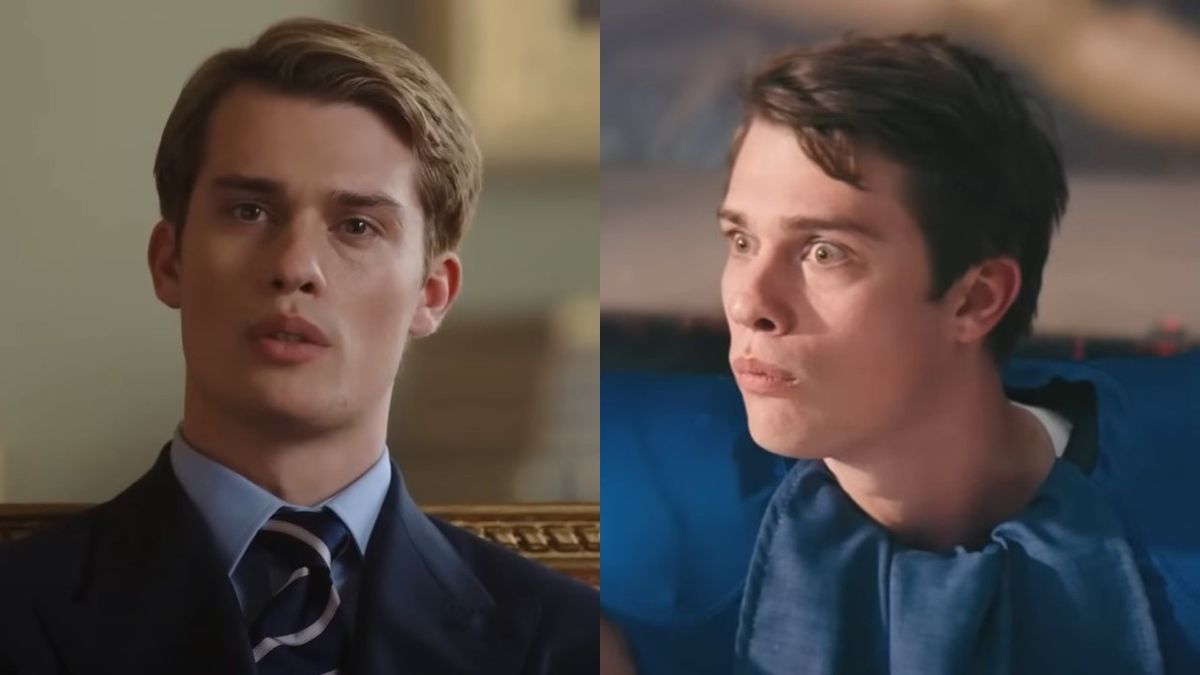 From left to right: Screenshots of Nicholas Galitzine in Red, White &amp; Royal Blue as Prince Henry and another of him as Jeff in Bottoms.