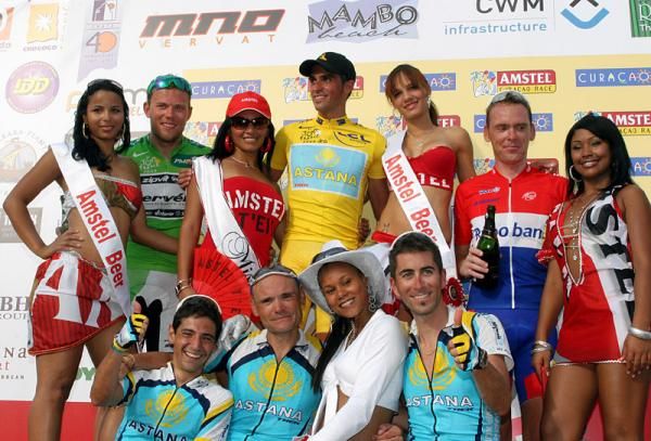 Amstel Cura&ccedil;ao Race champion Alberto Contador celebrates on the podium with runner up Thor Hushovd, third placed Koos Moerenhout and Contador's Astana teammates.