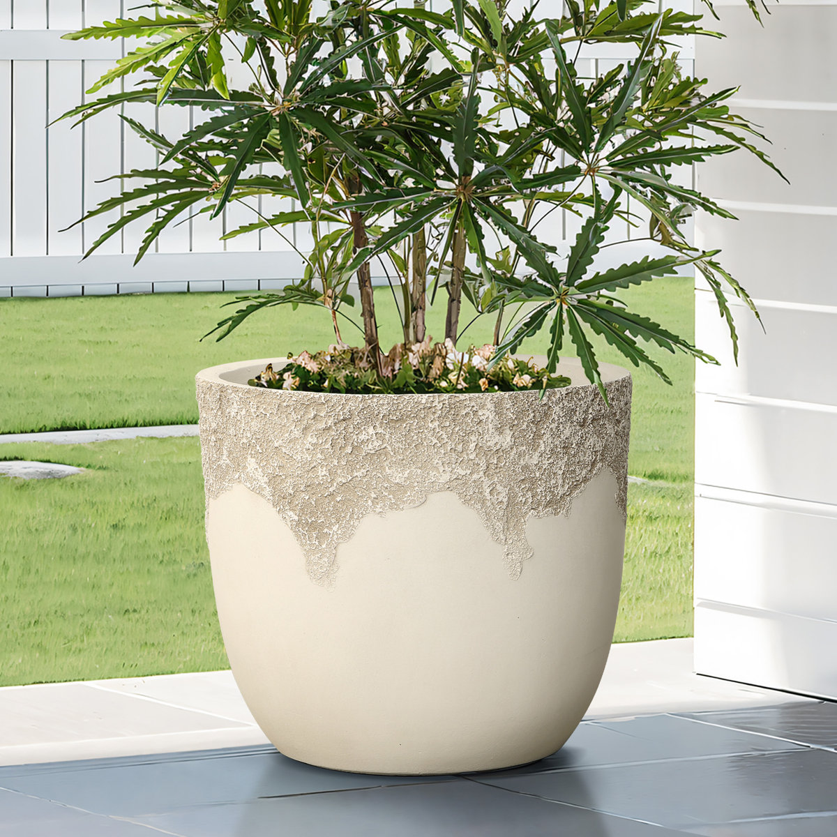 Latitude Run&amp;reg; 15.8'' Dia Off-White Large Plant Pot, Stone-Like Textured Round Planter &amp;amp; Reviews | Wayfair