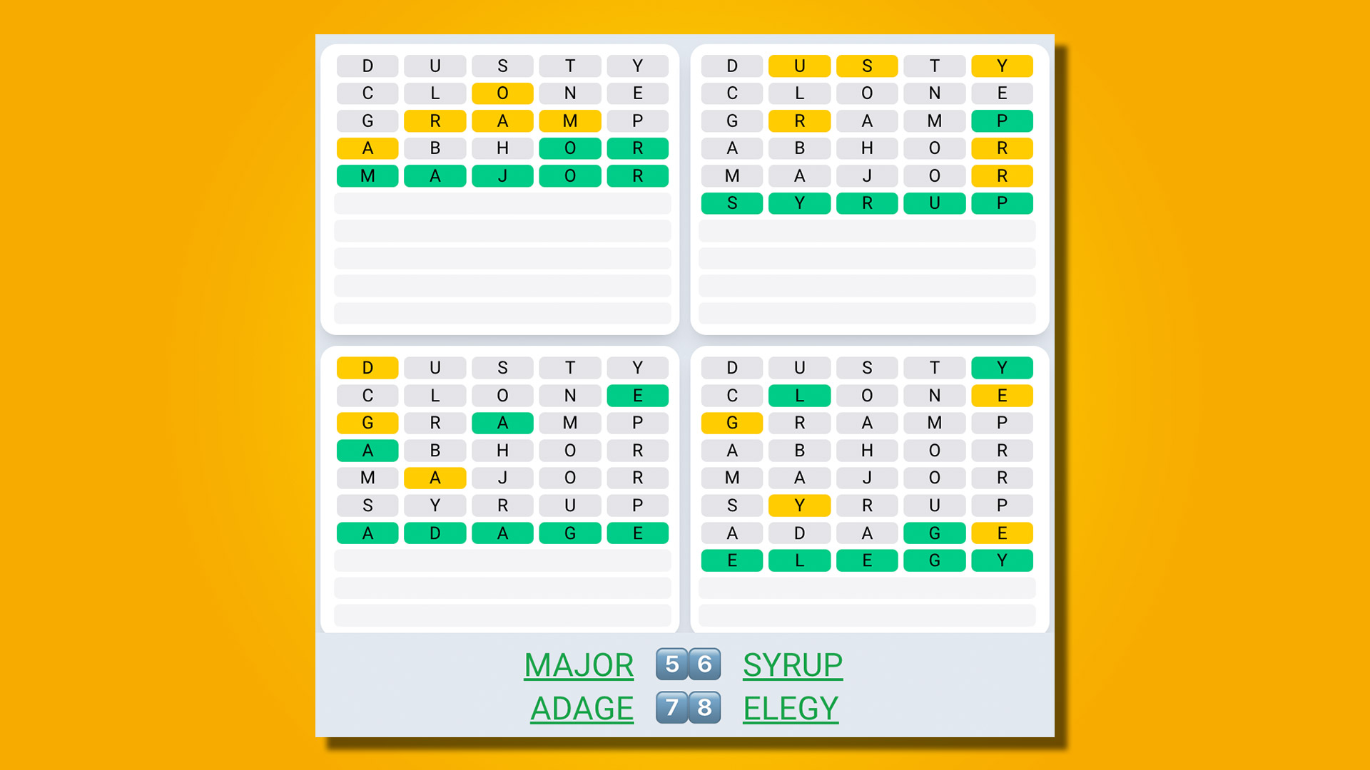Quordle daily sequence answers for game 536 on a yellow background