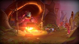 The Last Campfire screenshot showing a merchant eating over a campfire in a wooded grove