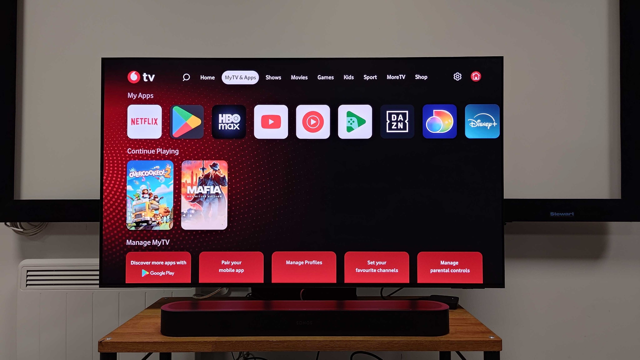 A picture of the MyTV &amp;amp; Apps page on the Vodafone TV menu
