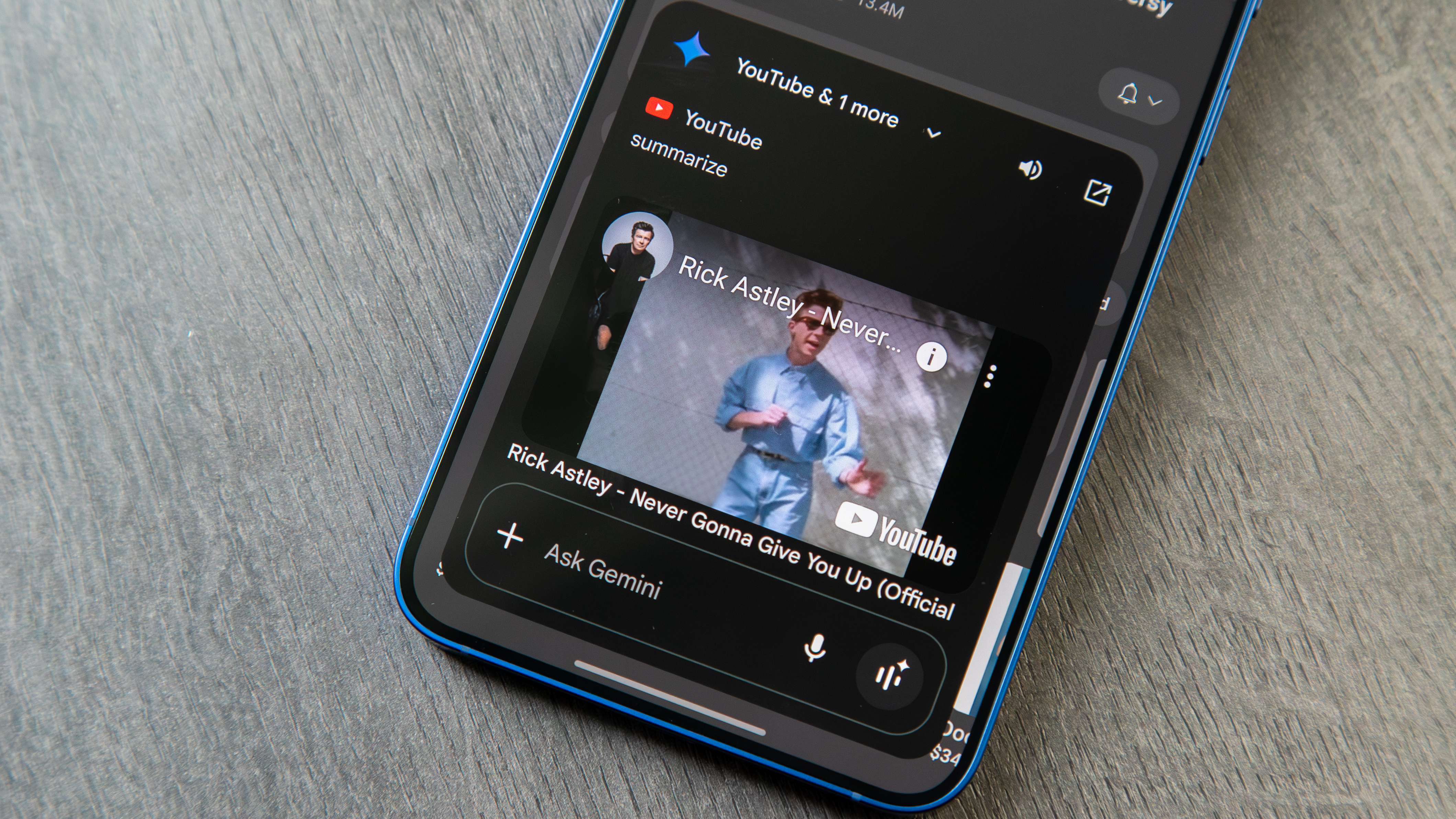 Gemini showing a Rick Astley video on the Galaxy S25 Plus