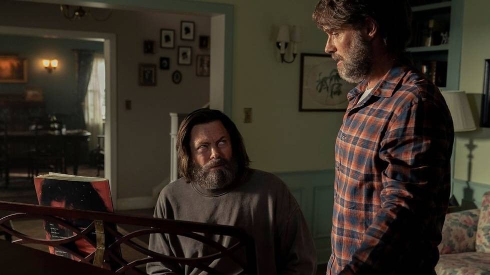 Nick Offerman and Murray Bartlett at a piano in The Last of Us