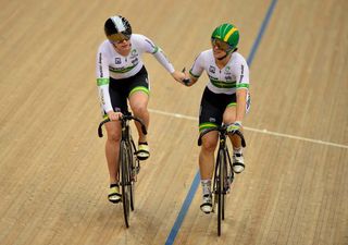 Anna Meares and Stephanie Morton shake hands after Meares wins their quarter final sprint