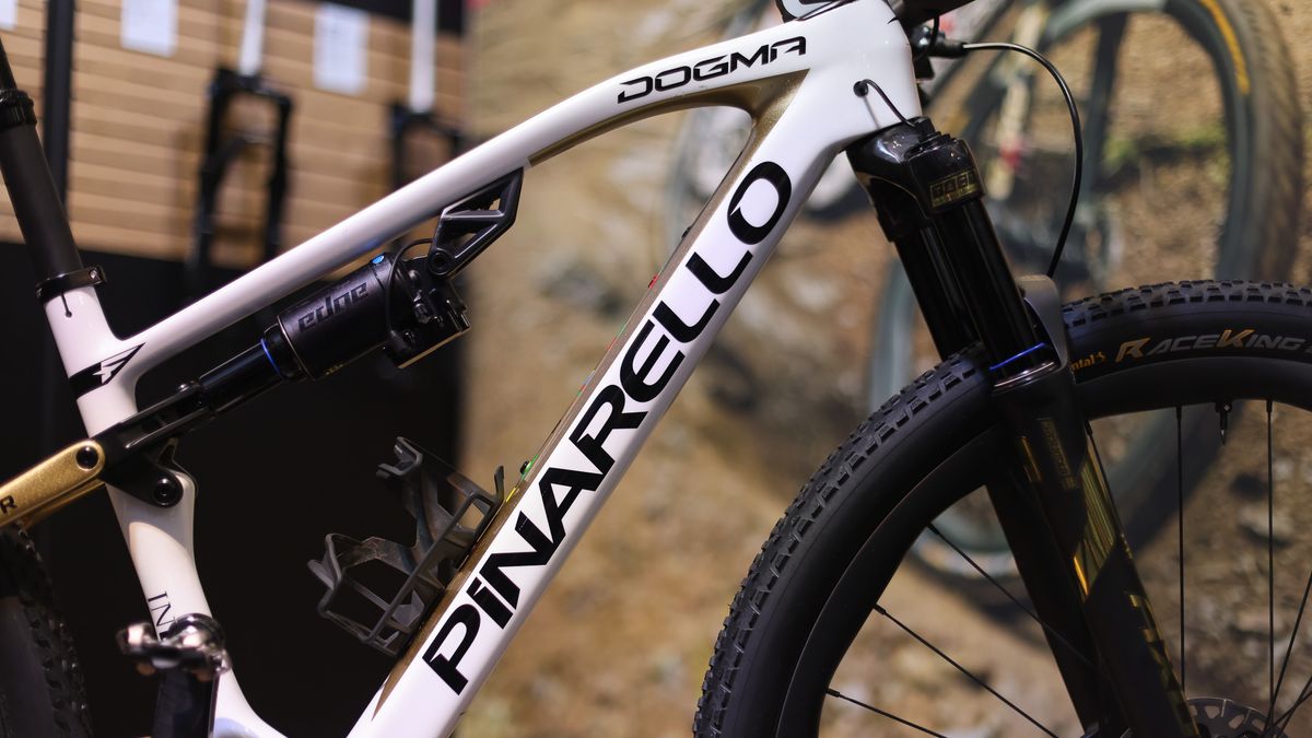 Suspension detail on Tom Pidcock&#039;s Pinarello Dogma XC race bike