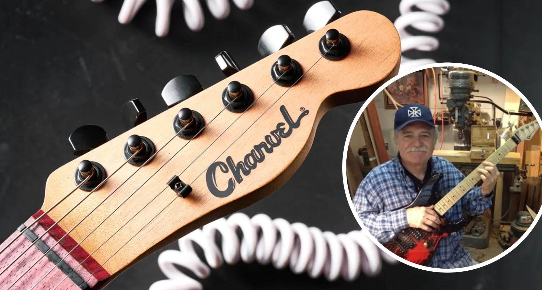 A Charvel Type 2 Tele headstock with an inset of the company's founder, the late Wayne Charvel, who died on 12 July