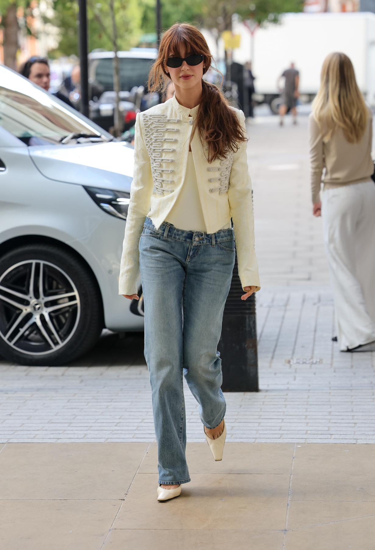 Daisy Edgar-Jones styled the military jacket trend from McQueen on the Sense &amp;amp; Sensibility press tour