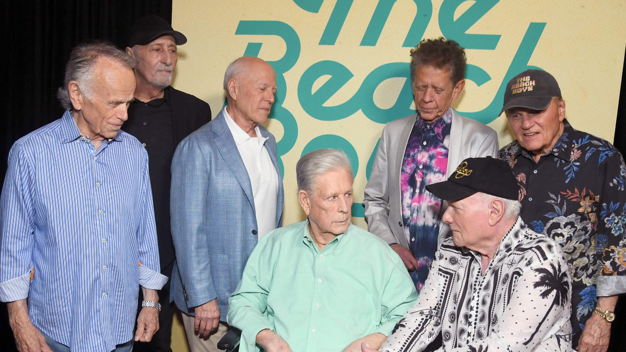 (L-R) Al Jardine, David Marks, Frank Marshall, Brian Wilson, Blondie Chaplin, Mike Love and Bruce Johnston in 2024