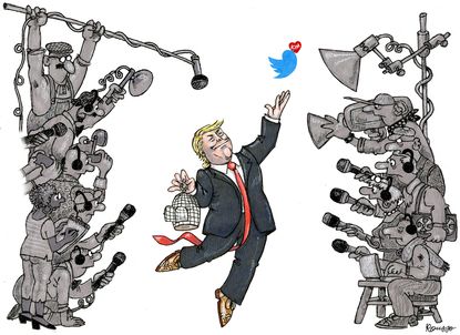 Political cartoon U.S. Trump Twitter Kim Jong-Un negotiations