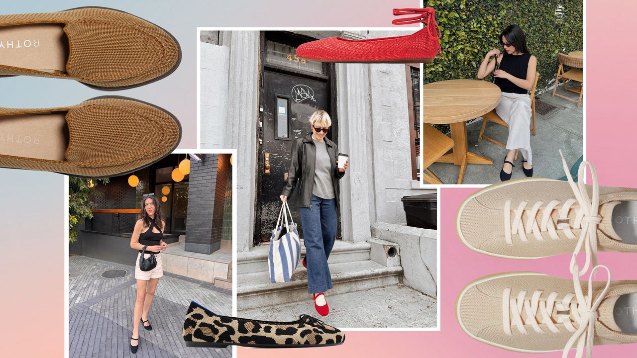 photo collage of rothy&#039;s sneakers, loafers, wrap ballet flats, ballet flats, with photos of influencers wearing the mary jane flats overlaid on a pink gradient background