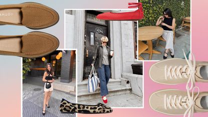 photo collage of rothy's wrap ballet flats, ballet flats, with photos of influencers wearing the mary jane flats overlaid on a pink gradient background