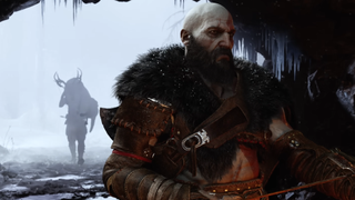An image of Kratos from God of War Ragnarok sat in a frigid cave, while his son enters stage left with a deer.