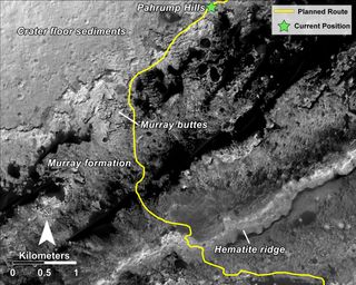 The route of NASA's Mars Curiosity Rover includes Hematite Ridge, an iron-rich location within the Gale Crater on Mars.