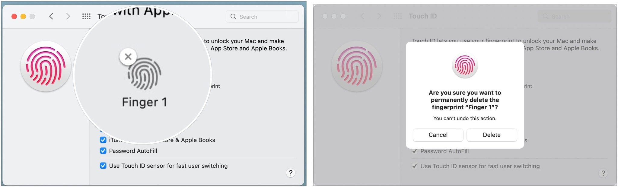 Pour supprimer et rajouter vos empreintes digitales Touch ID, survolez l'empreinte digitale que vous souhaitez supprimer et cliquez sur le X. Entrez votre mot de passe puis confirmez que vous souhaitez supprimer le Touch ID.