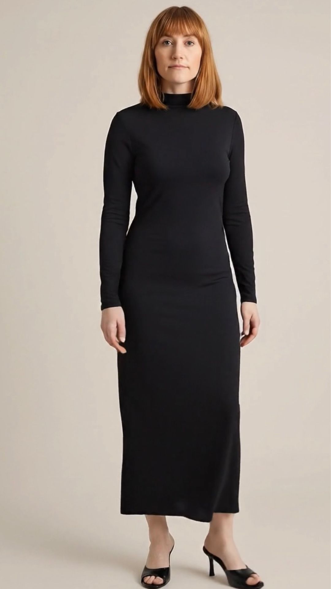 MATILDA WEARING A BLACK DRESS AND HEELS GENERATED BY ZARA AI TOOL