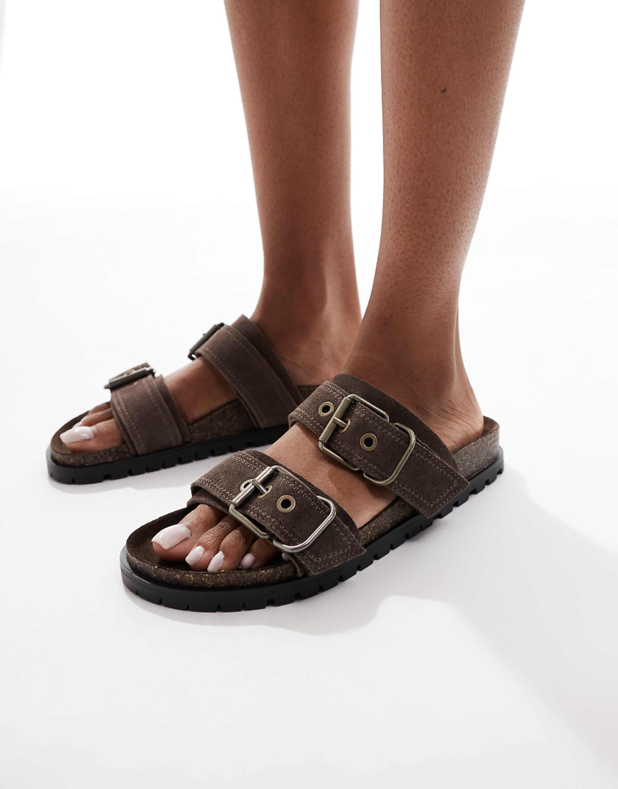 Stradivarius Double Strap Flat Leather Sandal in Dark Brown