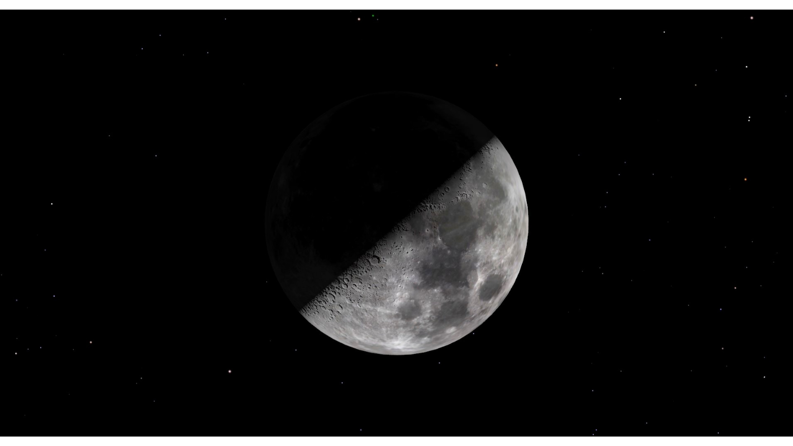 A half illuminated moon against a black background. The lower right portion of the moon is illuminated while the upper left is in shadow.