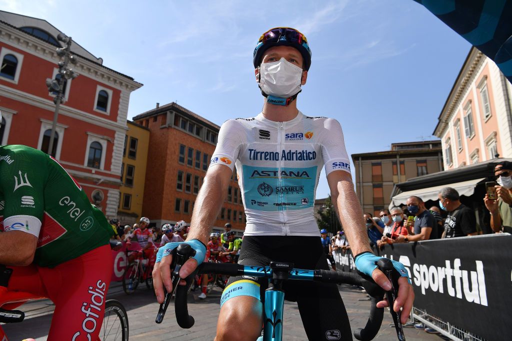 CASCIA ITALY SEPTEMBER 10 Start Aleksandr Vlasov of Russia and Astana Pro Team White Best Young Jersey during the 55th TirrenoAdriatico 2020 Stage 4 a 194km stage from Terni to Cascia 645m TirrenAdriatico on September 10 2020 in Cascia Italy Photo by Justin SetterfieldGetty Images
