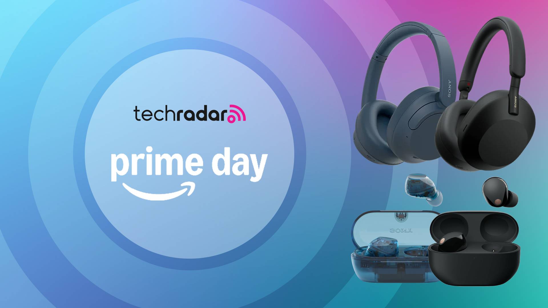 Sony WH-1000XM5, WH-CH720N, WF-1000XM5 and WF-C710N on multicolored background with the words 'TechRadar: Prime Day' positioned on the left side of the image