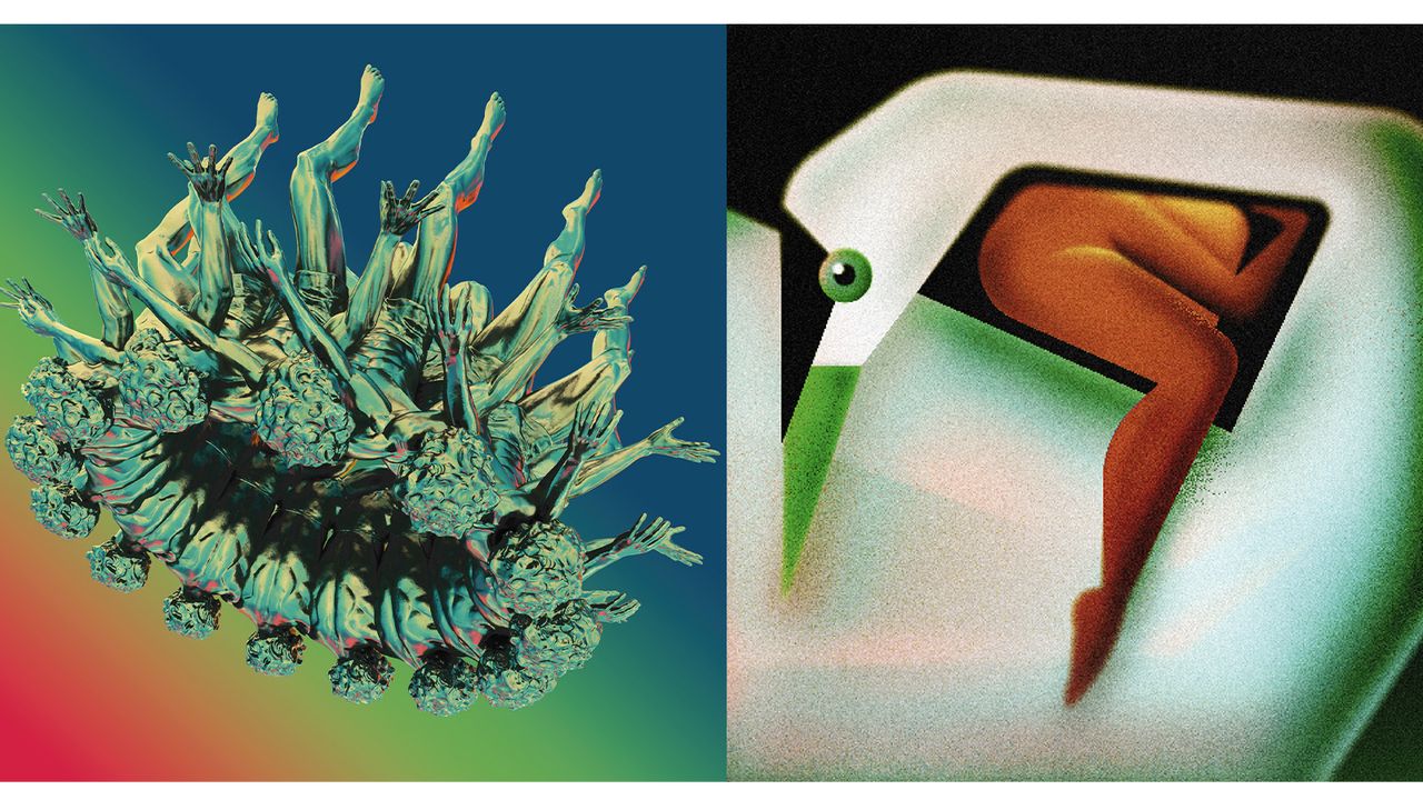 Secret 7&quot; record covers in aid of War Child. On the left there is a rainbow background with green sculptures. On the right there is an abstract swan with a human body tucked into the nape of its neck