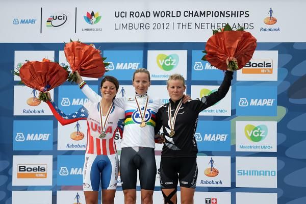 Evie Stevens, Judith Arndt and Linda Villumsen on the worlds podium