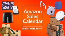 Assorted tech products on red background text reads Amazon Sales Calendar