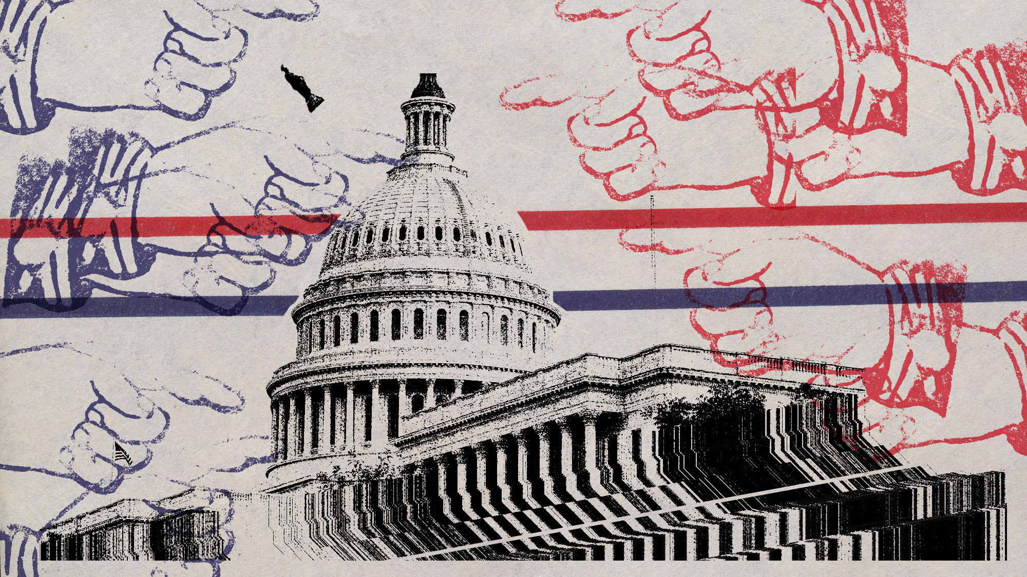 Photo collage of the US Capitol building, with a mass of stamps shaped like pointing hands all over it. They are coloured red and blue.