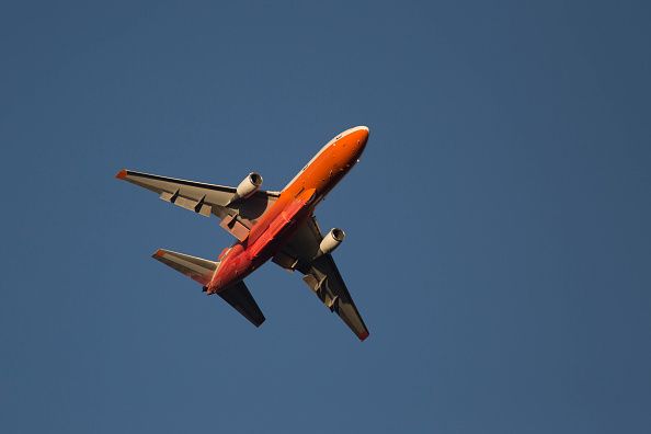 A DC-10 fights a fire in the Cajon Pass.