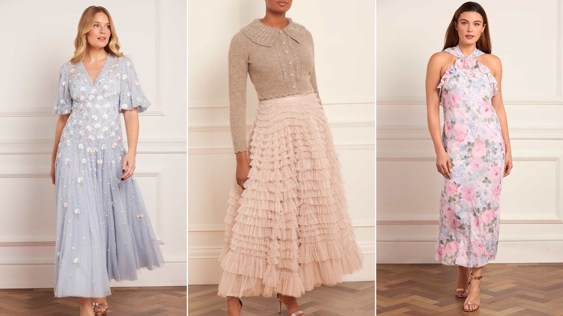 Three models wearing Needle &amp;amp; Thread outfits