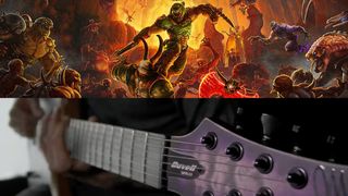 Cover art for Doom Eternal and Mick Gordon playing guitar