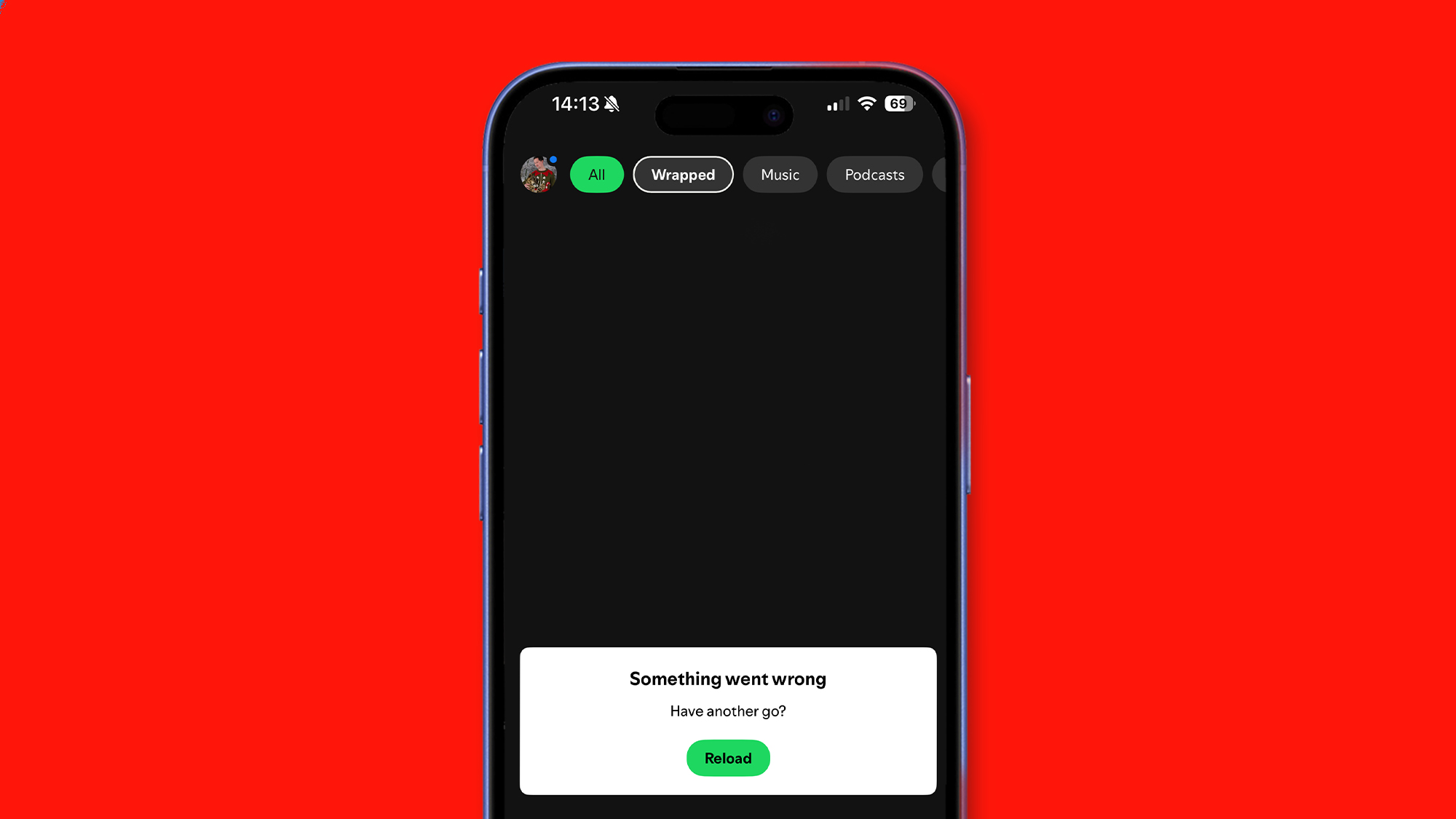 A phone on a red background showing a Spotify error message