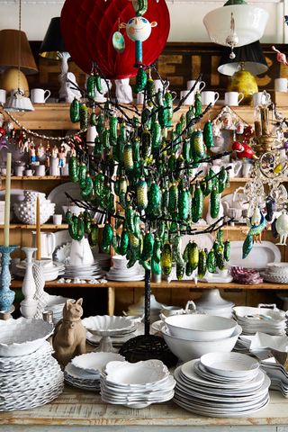 A tree of pickle ornaments at John Derian's NY store