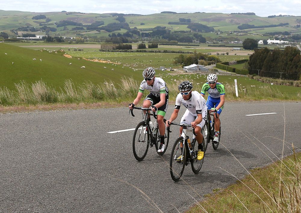 Joseph Cooper out front of the breakaway group to Gore during stage five of the Tour of Southland