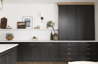 Black shaker style cabinets with a white countertop