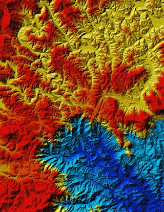 Topography of the Blue Ridge Escarpment, Virginia and West Virginia. Atlantic draining rivers at low elevation (blue colors) are advancing westward, capturing the older, west-draining rivers (yellow and reds) of the Appalachian Plateau.